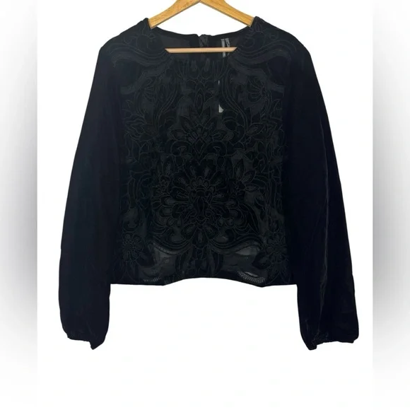 Anthropologie Velvet The Lainie Black Long-Sleeve Lace Cutwork Blouse M - Picture 5 of 13